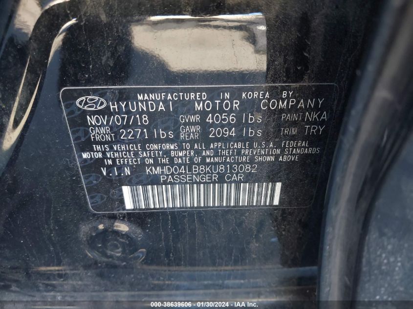 2019 HYUNDAI ELANTRA SPORT - KMHD04LB8KU813082