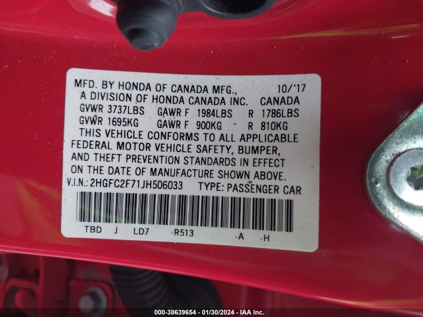 2018 HONDA CIVIC EX - 2HGFC2F71JH506033