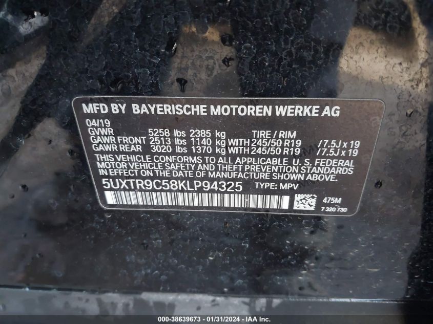 2019 BMW X3 XDRIVE30I - 5UXTR9C58KLP94325
