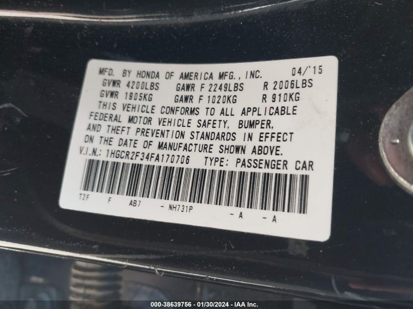 2015 HONDA ACCORD LX - 1HGCR2F34FA170706