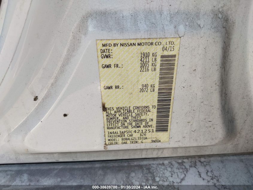 2015 NISSAN ALTIMA 2.5/S/SV/SL - 1N4AL3AP5FC421251