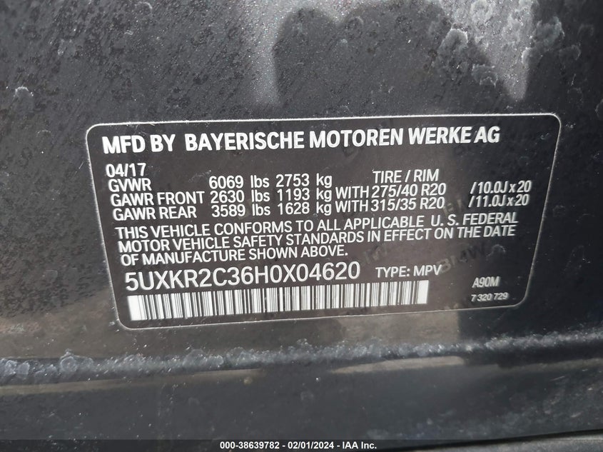 VIN 5UXKR2C36H0X04620 2017 BMW X5 SDRIVE35I