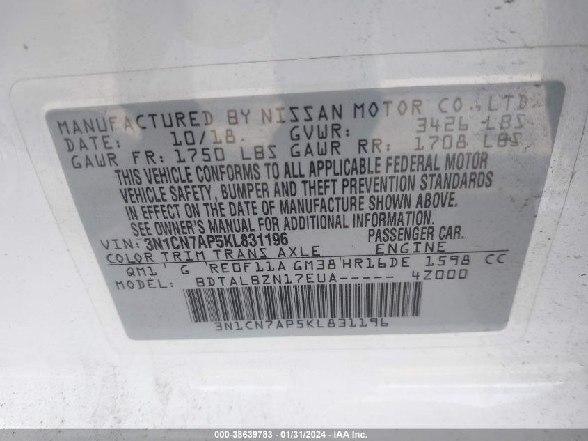 2019 NISSAN VERSA 1.6 SV - 3N1CN7AP5KL831196