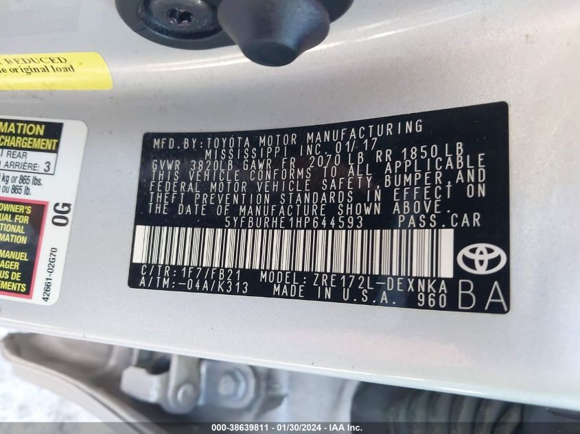 2017 TOYOTA COROLLA L/LE/XLE/SE/XSE - 5YFBURHE1HP644593