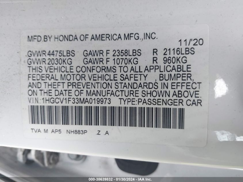 2021 HONDA ACCORD SPORT - 1HGCV1F33MA019973