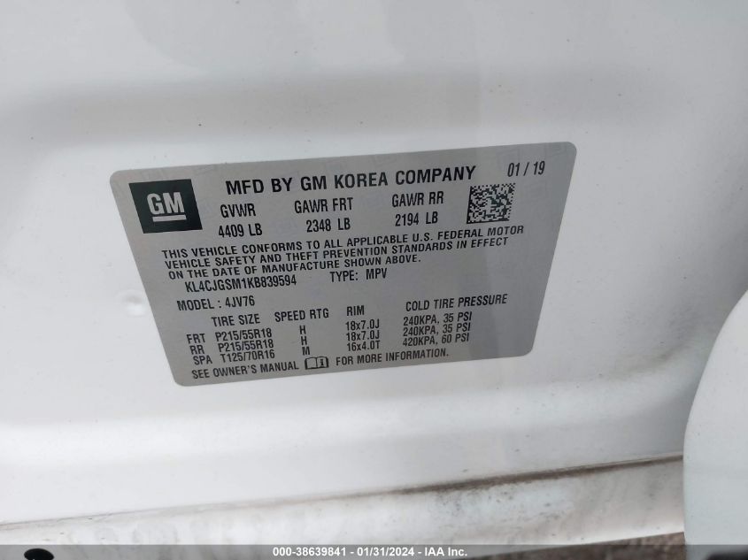2019 BUICK ENCORE ESSENCE - KL4CJGSM1KB839594