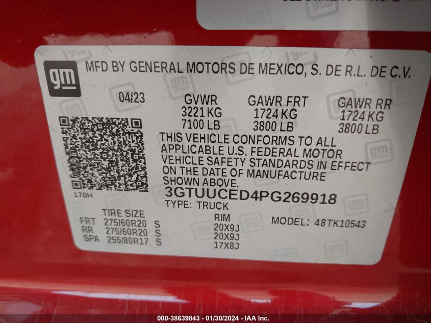 2023 GMC SIERRA 1500 4WD  SHORT BOX ELEVATION WITH 3SB - 3GTUUCED4PG269918