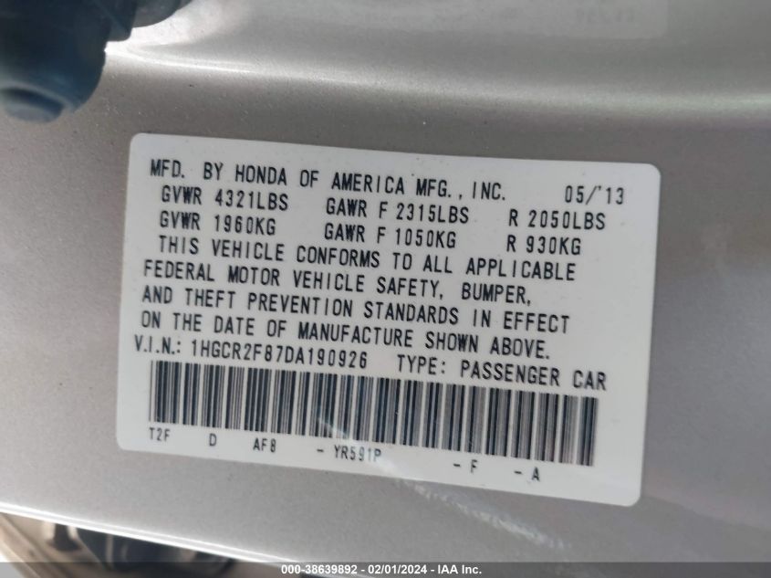 2013 HONDA ACCORD EXL - 1HGCR2F87DA190926