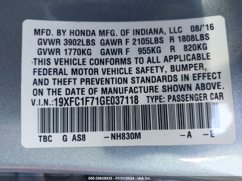 2016 HONDA CIVIC EX-L - 19XFC1F71GE037118