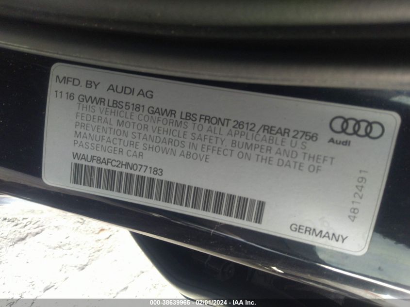 2017 AUDI A6 2.0T PREMIUM - WAUF8AFC2HN077183