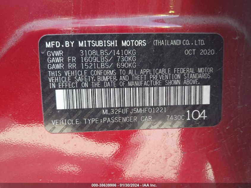 2021 MITSUBISHI MIRAGE G4 CARBONITE EDITION/ES/LE - ML32FUFJ5MHF01221