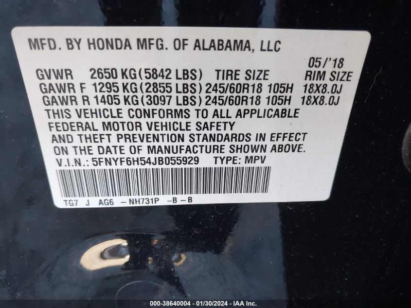 2018 HONDA PILOT EXL - 5FNYF6H54JB055929
