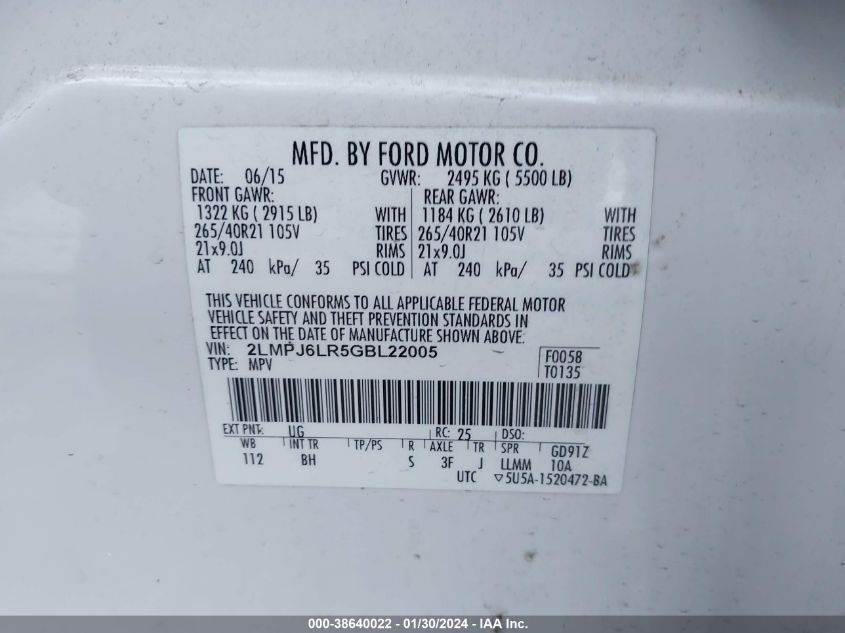 2016 LINCOLN MKX RESERVE - 2LMPJ6LR5GBL22005