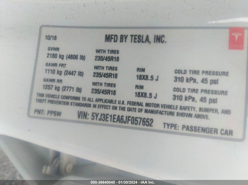 2018 TESLA MODEL 3 - 5YJ3E1EA6JF057652
