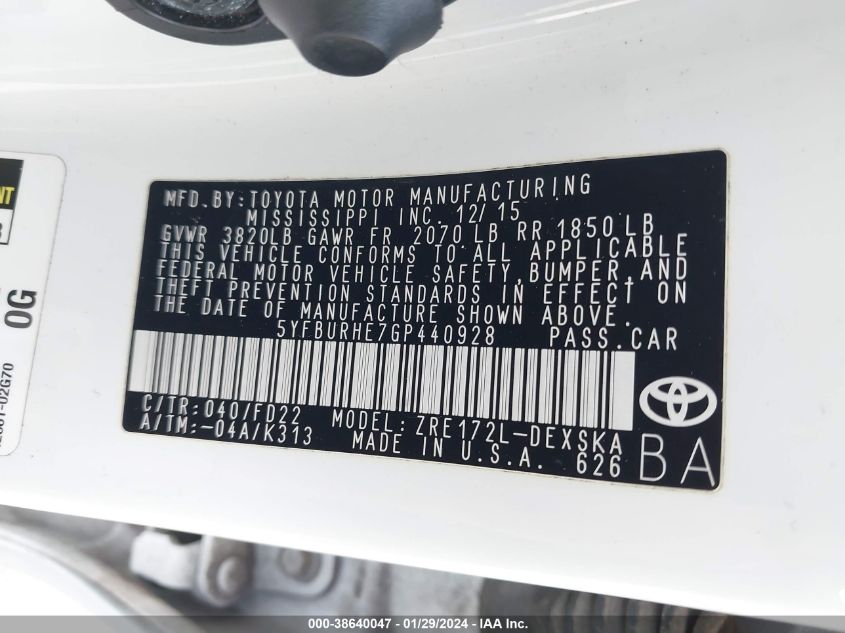 2016 TOYOTA COROLLA S - 5YFBURHE7GP440928