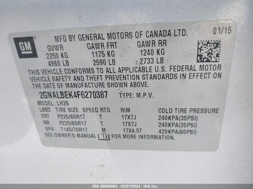 2015 CHEVROLET EQUINOX LT - 2GNALBEK4F6270387