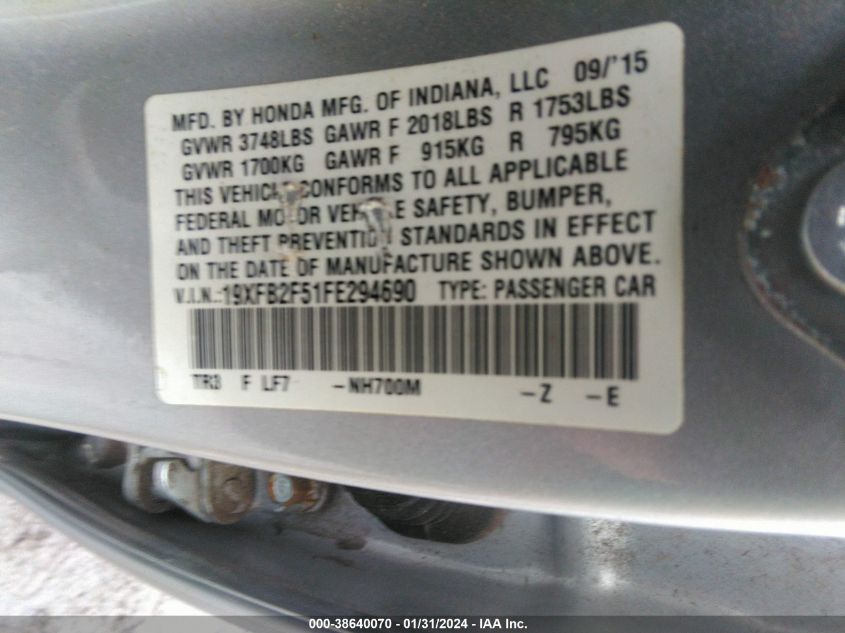 2015 HONDA CIVIC LX - 19XFB2F51FE294690
