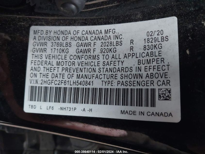 2020 HONDA CIVIC LX - 2HGFC2F61LH540841