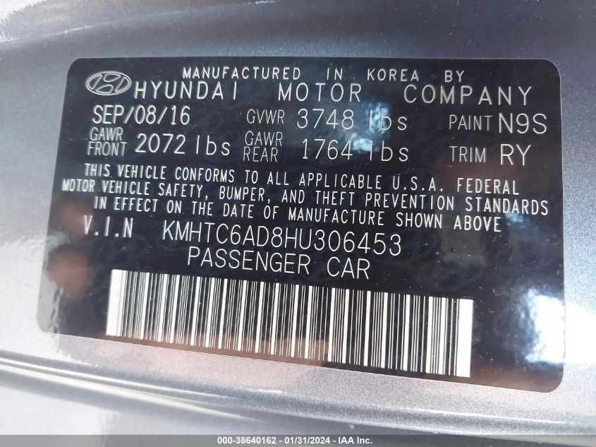 2017 HYUNDAI VELOSTER - KMHTC6AD8HU306453