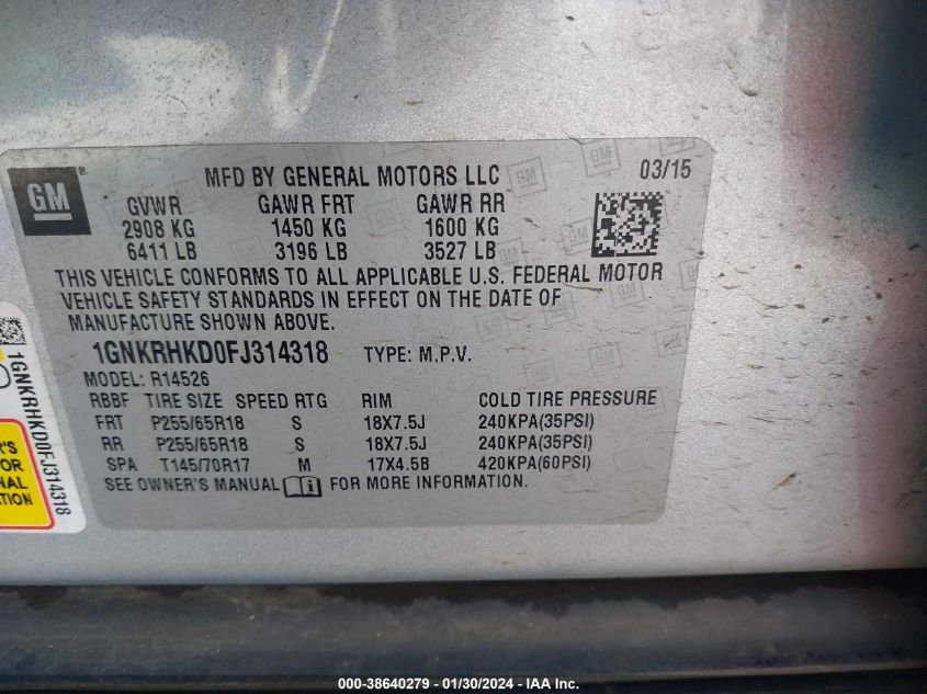 2015 CHEVROLET TRAVERSE LT - 1GNKRHKD0FJ314318