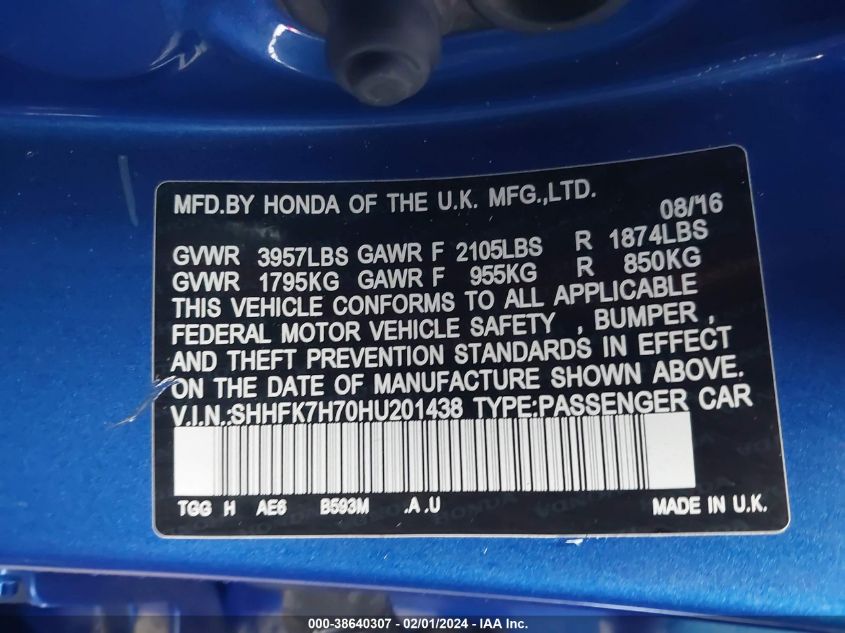 2017 HONDA CIVIC EX-L - SHHFK7H70HU201438