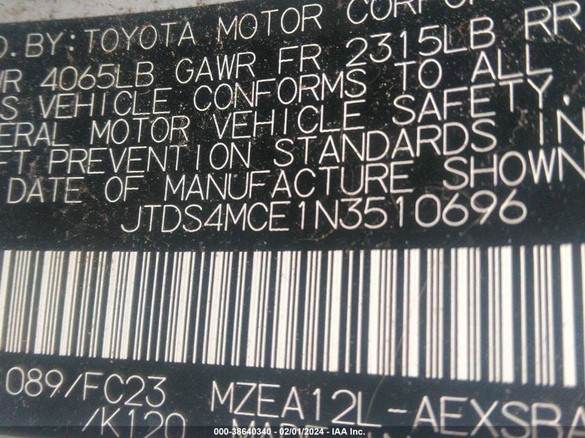 2022 TOYOTA COROLLA SE/NIGHT SHADE - JTDS4MCE1N3510696