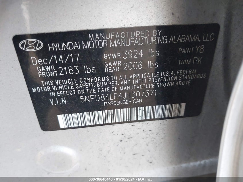 VIN 5NPD84LF4JH307371 2018 HYUNDAI ELANTRA SEL/VALUE/LIMITED