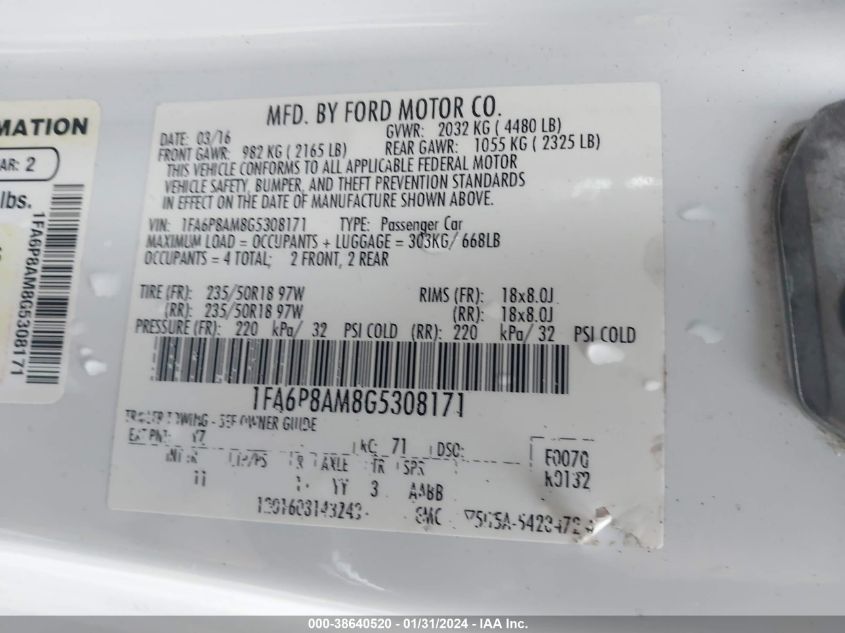 2016 FORD MUSTANG - 1FA6P8AM8G5308171