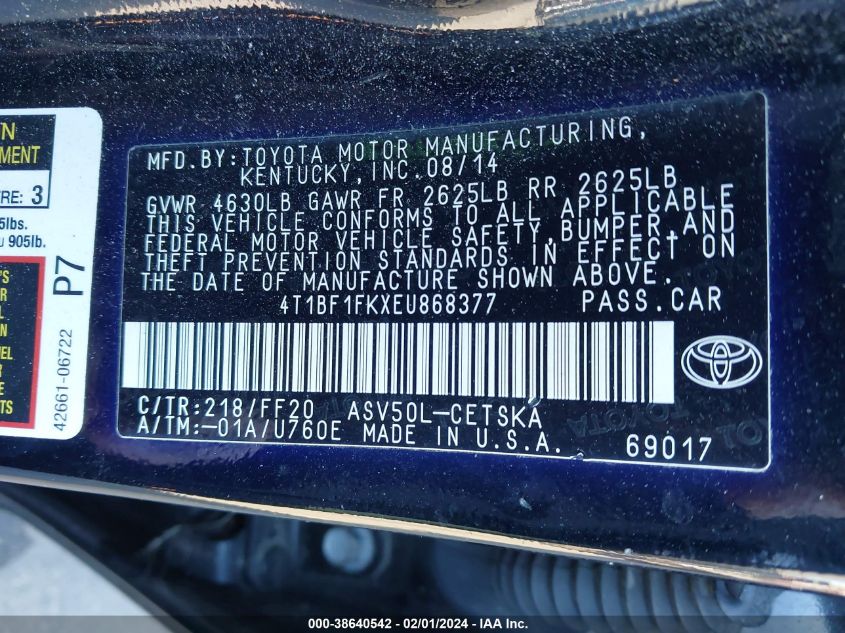 2014 TOYOTA CAMRY L/LE/SE/SE SPORT/XLE - 4T1BF1FKXEU868377