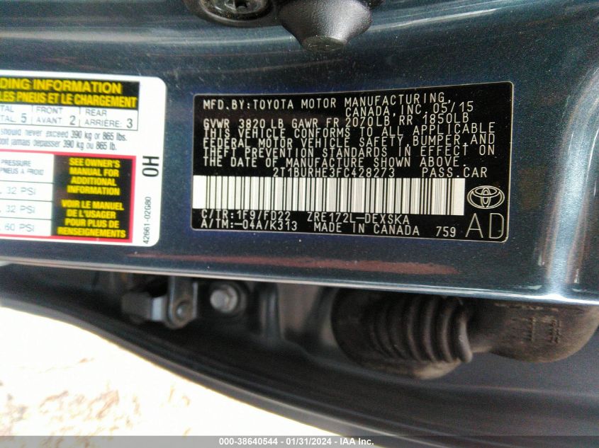 2015 TOYOTA COROLLA S PLUS - 2T1BURHE3FC428273