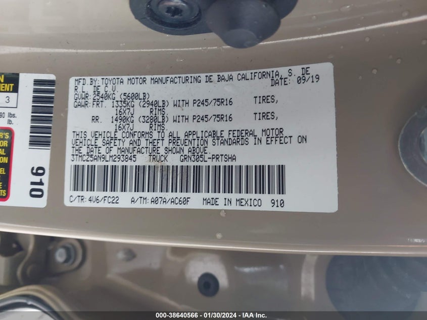 VIN 3TMCZ5AN9LM293845 2020 TOYOTA TACOMA DOUBLE CAB/SR/SR5/TRD SPO