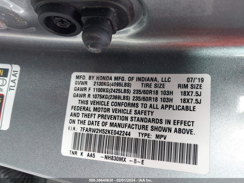 VIN 7FARW2H52KE042244 2019 HONDA CR-V EX