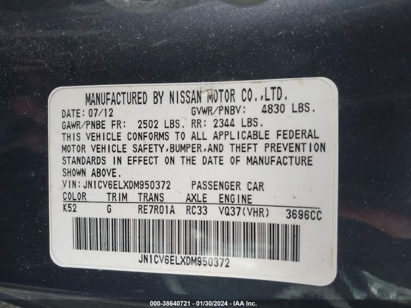 2013 INFINITI G37X - JN1CV6ELXDM950372