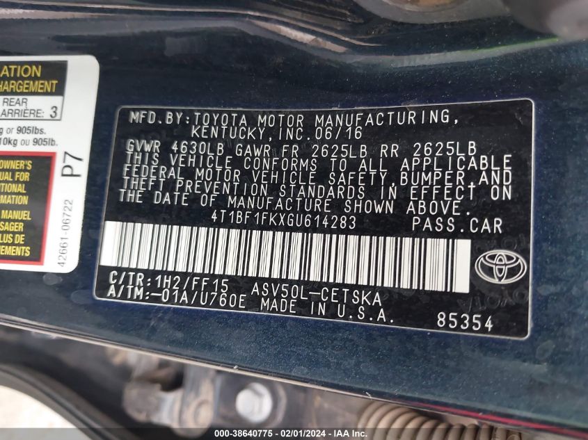 2016 TOYOTA CAMRY LE/XLE/SE/XSE - 4T1BF1FKXGU614283