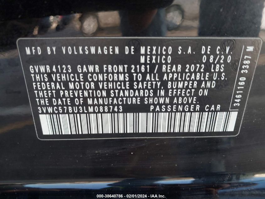 2020 VOLKSWAGEN JETTA 1.4T R-LINE/1.4T S/1.4T SE - 3VWC57BU3LM088743