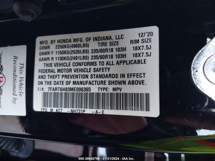 2021 HONDA CR-V EXL - 7FART6H83ME006365
