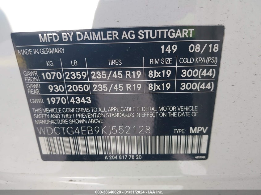 VIN WDCTG4EB9KJ552128 2019 MERCEDES-BENZ GLA 250