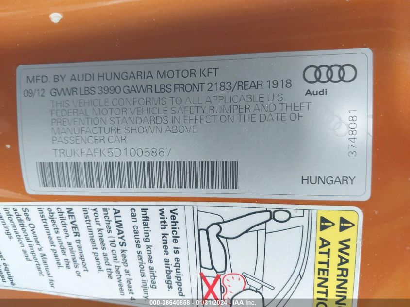 2013 AUDI TT 2.0T PREMIUM PLUS - TRUKFAFK5D1005867