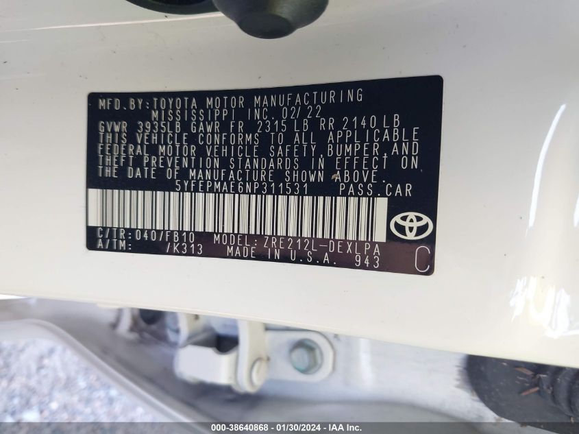 2022 TOYOTA COROLLA LE - 5YFEPMAE6NP311531