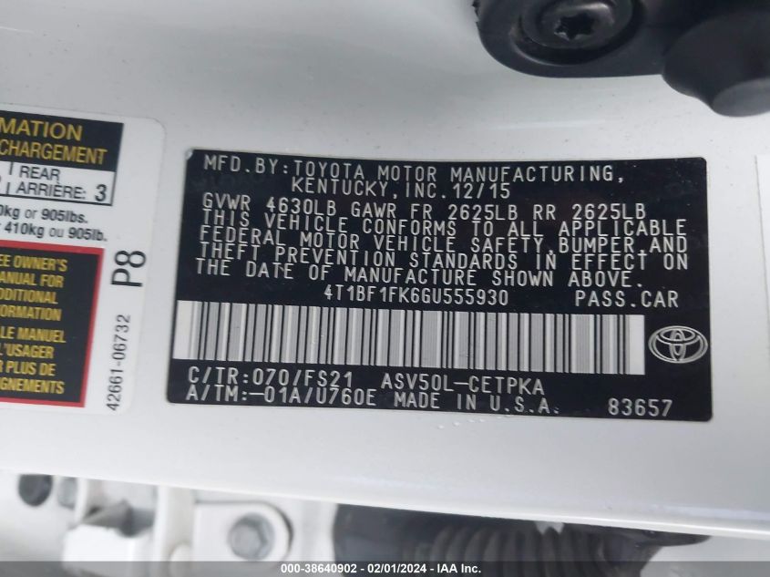 2016 TOYOTA CAMRY SE - 4T1BF1FK6GU555930