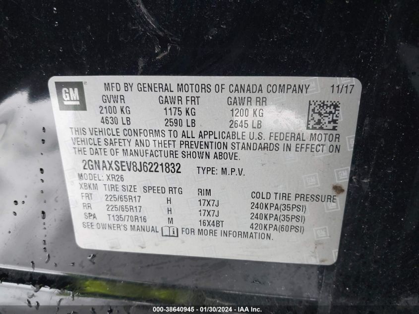 2018 CHEVROLET EQUINOX LT - 2GNAXSEV8J6221832