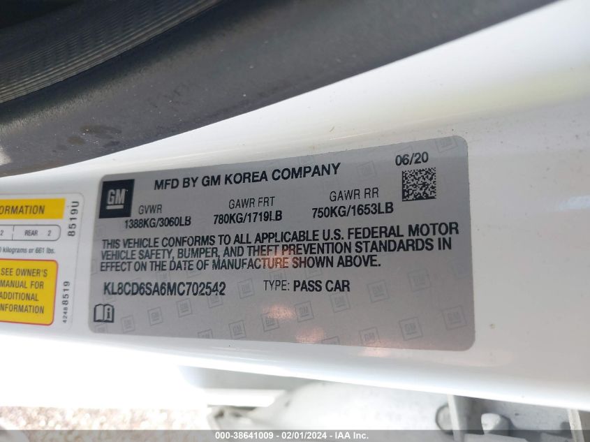 2021 CHEVROLET SPARK FWD 1LT AUTOMATIC - KL8CD6SA6MC702542
