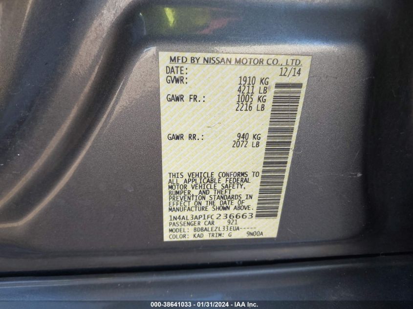 2015 NISSAN ALTIMA 2.5/S/SV/SL - 1N4AL3AP1FC236663