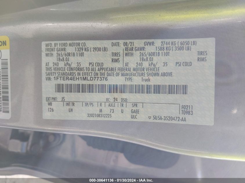 2021 FORD RANGER XL/XLT/LARIAT - 1FTER4EH1MLD77376