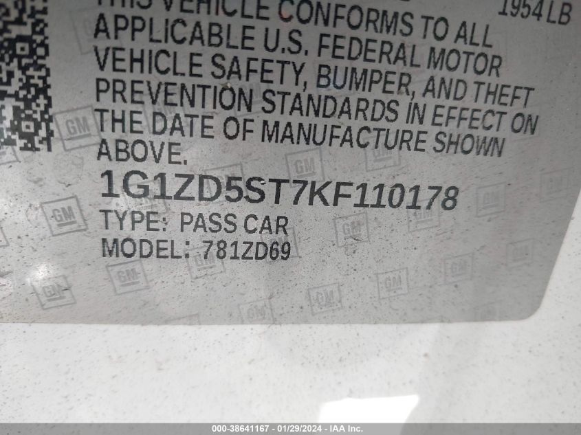 2019 CHEVROLET MALIBU LT - 1G1ZD5ST7KF110178
