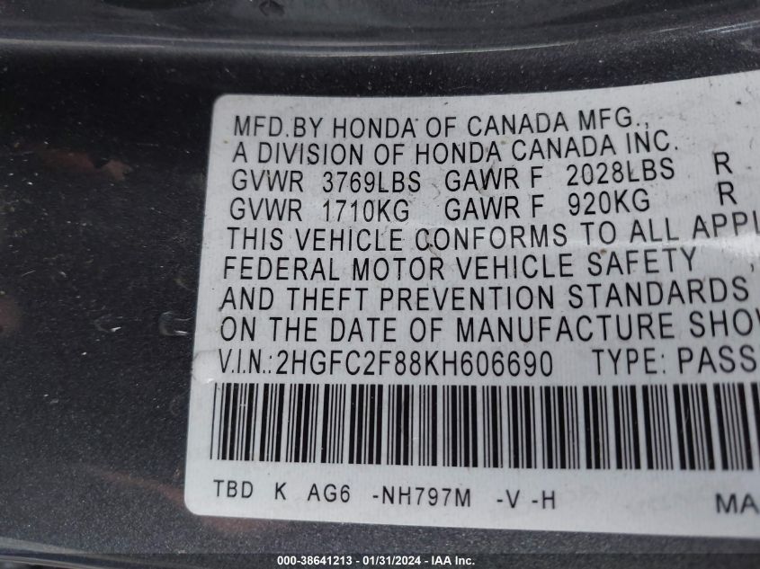 2019 HONDA CIVIC SPORT - 2HGFC2F88KH606690