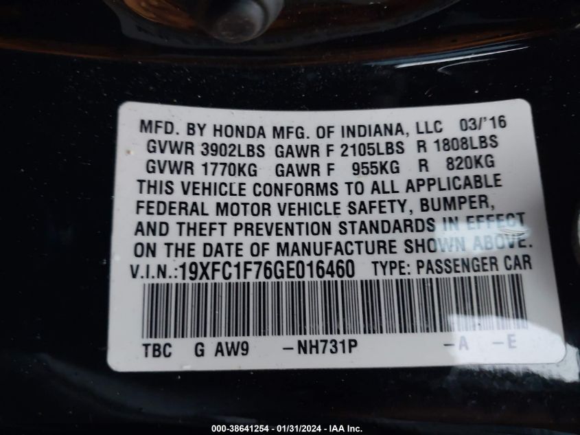 2016 HONDA CIVIC EXL - 19XFC1F76GE016460