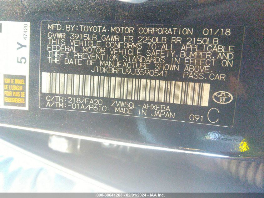 2018 TOYOTA PRIUS - JTDKBRFU9J3590541