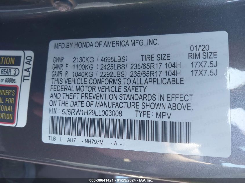 2020 HONDA CR-V 2WD LX - 5J6RW1H29LL003008