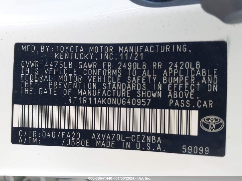 2022 TOYOTA CAMRY LE - 4T1R11AK0NU640957
